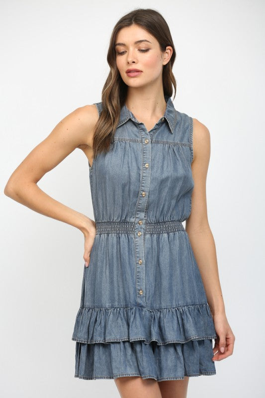 SLEEVELESS TENCEL DENIM DRESS--DENIM