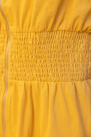 SMOCKED WAIST ZIP UP SLEEVELESS DRESS--MUSTARD