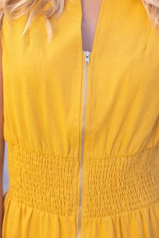 SMOCKED WAIST ZIP UP SLEEVELESS DRESS--MUSTARD