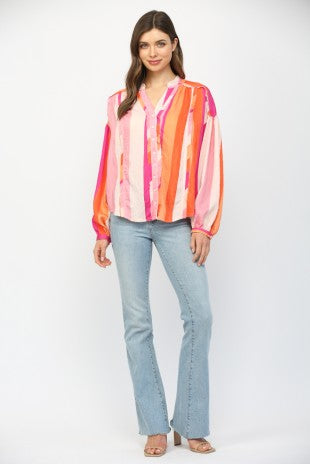 FLOWY BUTTONDOWN LONG SLEEVE TOP--ORANGE/PINK MIX