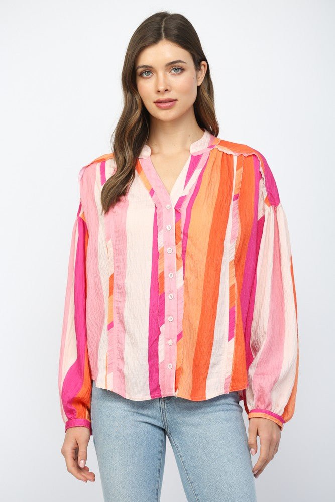 FLOWY BUTTONDOWN LONG SLEEVE TOP--ORANGE/PINK MIX