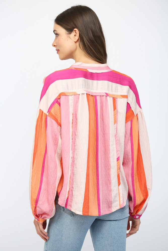 FLOWY BUTTONDOWN LONG SLEEVE TOP--ORANGE/PINK MIX