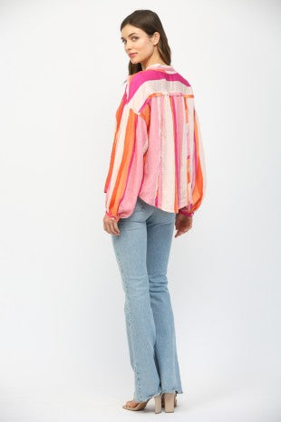 FLOWY BUTTONDOWN LONG SLEEVE TOP--ORANGE/PINK MIX