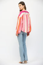 FLOWY BUTTONDOWN LONG SLEEVE TOP--ORANGE/PINK MIX
