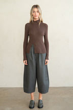 TURTLENECK RIB KNIT LS TOP--CHOCOLATE