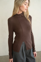 TURTLENECK RIB KNIT LS TOP--CHOCOLATE