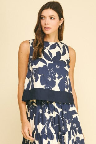 FLORAL SLEEVELESS TOP--NAVY/CREAM