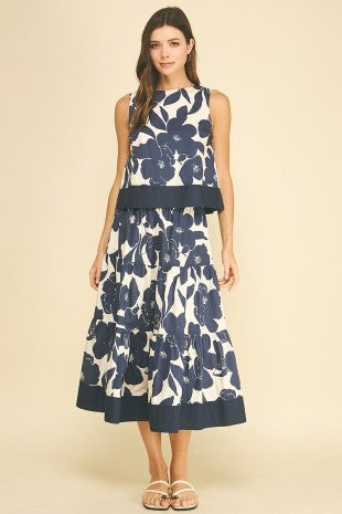 FLORAL TIERED MIDI SKIRT--NAVY/CREAM