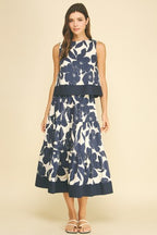 FLORAL TIERED MIDI SKIRT--NAVY/CREAM