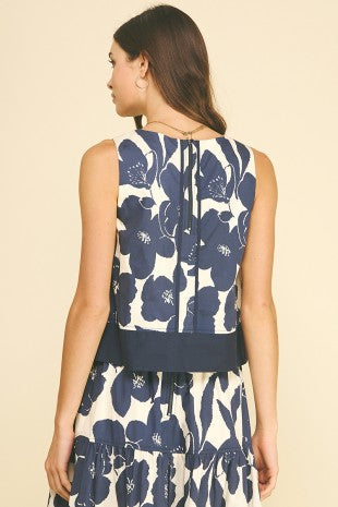 FLORAL SLEEVELESS TOP--NAVY/CREAM