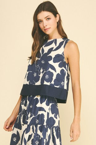 FLORAL SLEEVELESS TOP--NAVY/CREAM