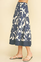 FLORAL TIERED MIDI SKIRT--NAVY/CREAM