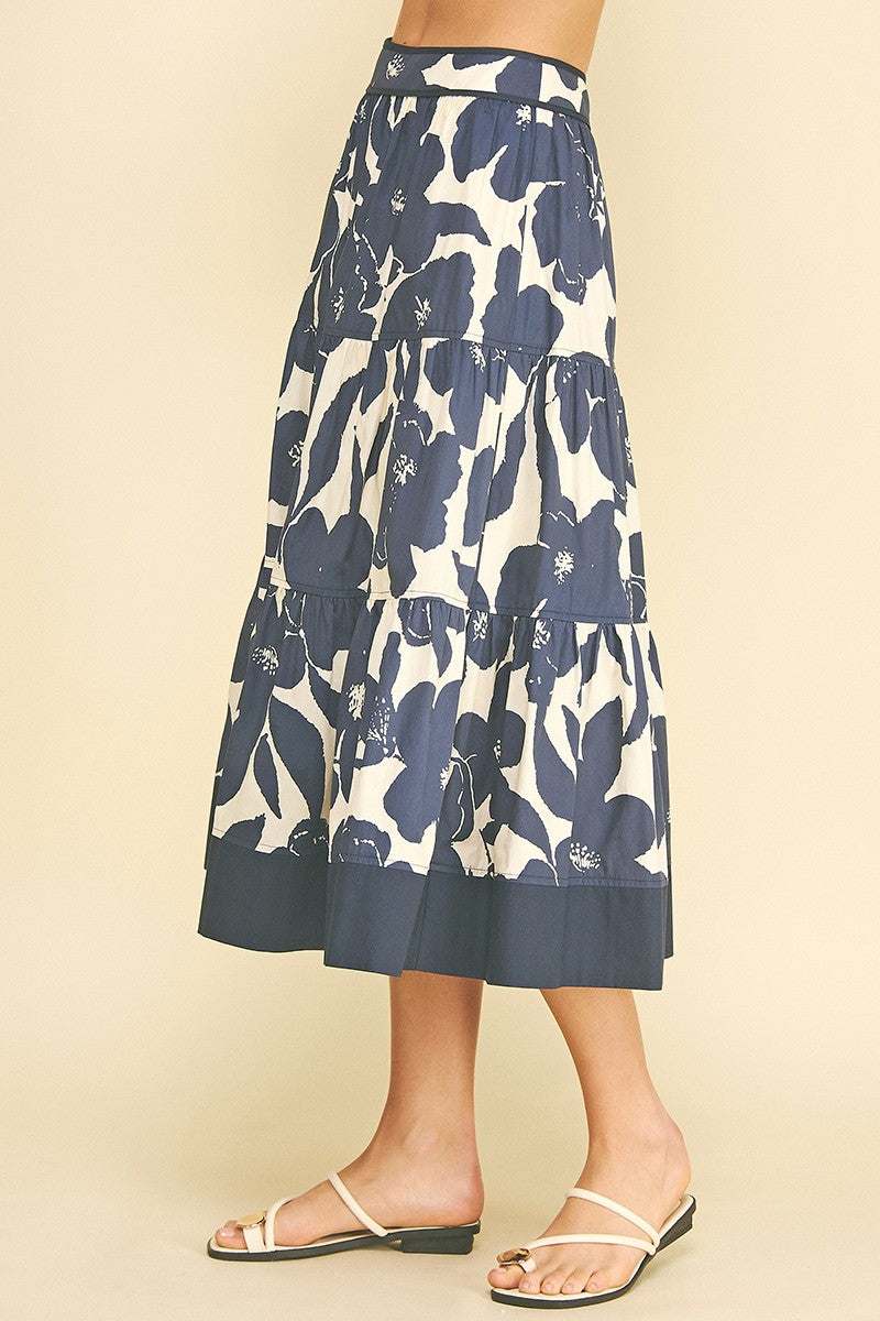 FLORAL TIERED MIDI SKIRT--NAVY/CREAM