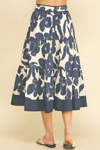 FLORAL TIERED MIDI SKIRT--NAVY/CREAM