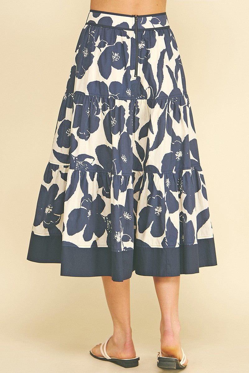 FLORAL TIERED MIDI SKIRT--NAVY/CREAM