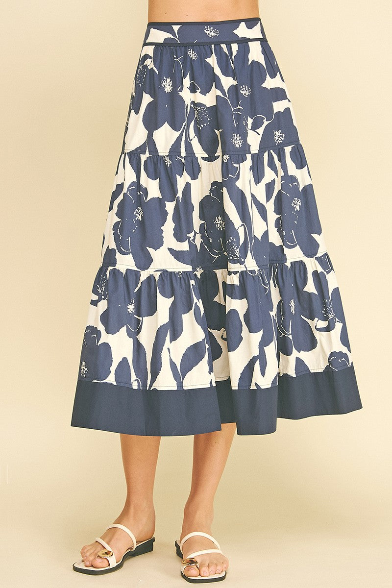 FLORAL TIERED MIDI SKIRT--NAVY/CREAM
