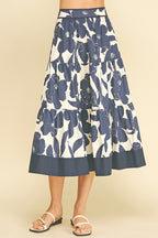 FLORAL TIERED MIDI SKIRT--NAVY/CREAM