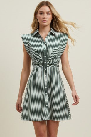STRIPED CAP SLEEVE BUTTON DOWN DRESS--GREEN