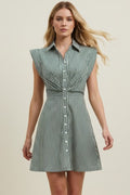 STRIPED CAP SLEEVE BUTTON DOWN DRESS--GREEN