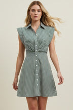 STRIPED CAP SLEEVE BUTTON DOWN DRESS--GREEN