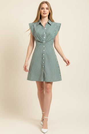 STRIPED CAP SLEEVE BUTTON DOWN DRESS--GREEN