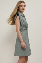 STRIPED CAP SLEEVE BUTTON DOWN DRESS--GREEN