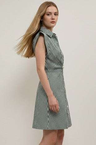 STRIPED CAP SLEEVE BUTTON DOWN DRESS--GREEN