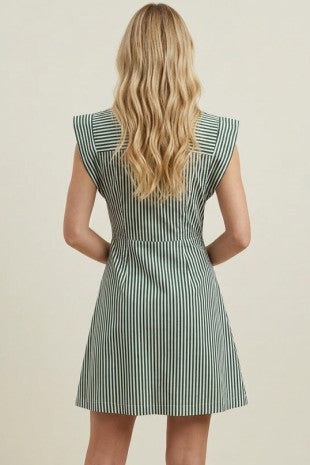 STRIPED CAP SLEEVE BUTTON DOWN DRESS--GREEN