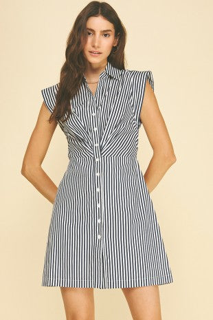 STRIPED CAP SLEEVE BUTTON DOWN DRESS--NAVY