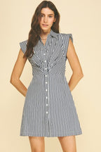 STRIPED CAP SLEEVE BUTTON DOWN DRESS--NAVY