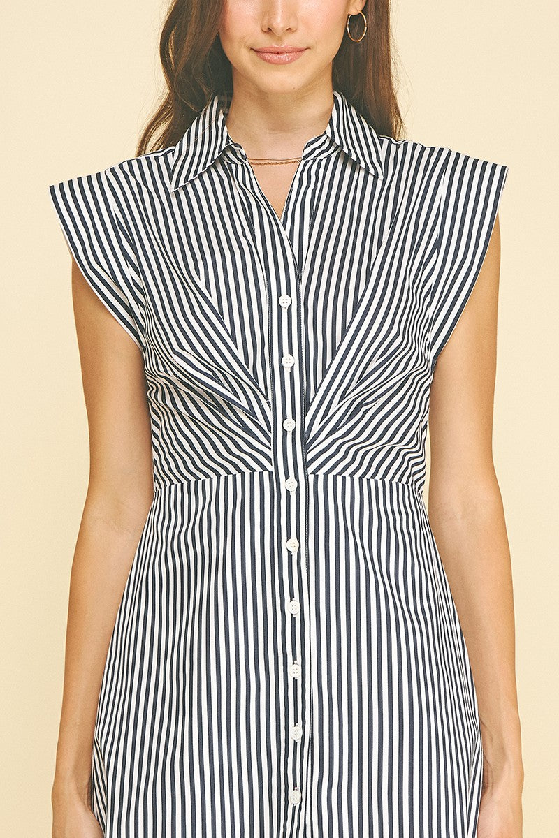 STRIPED CAP SLEEVE BUTTON DOWN DRESS--NAVY