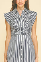 STRIPED CAP SLEEVE BUTTON DOWN DRESS--NAVY