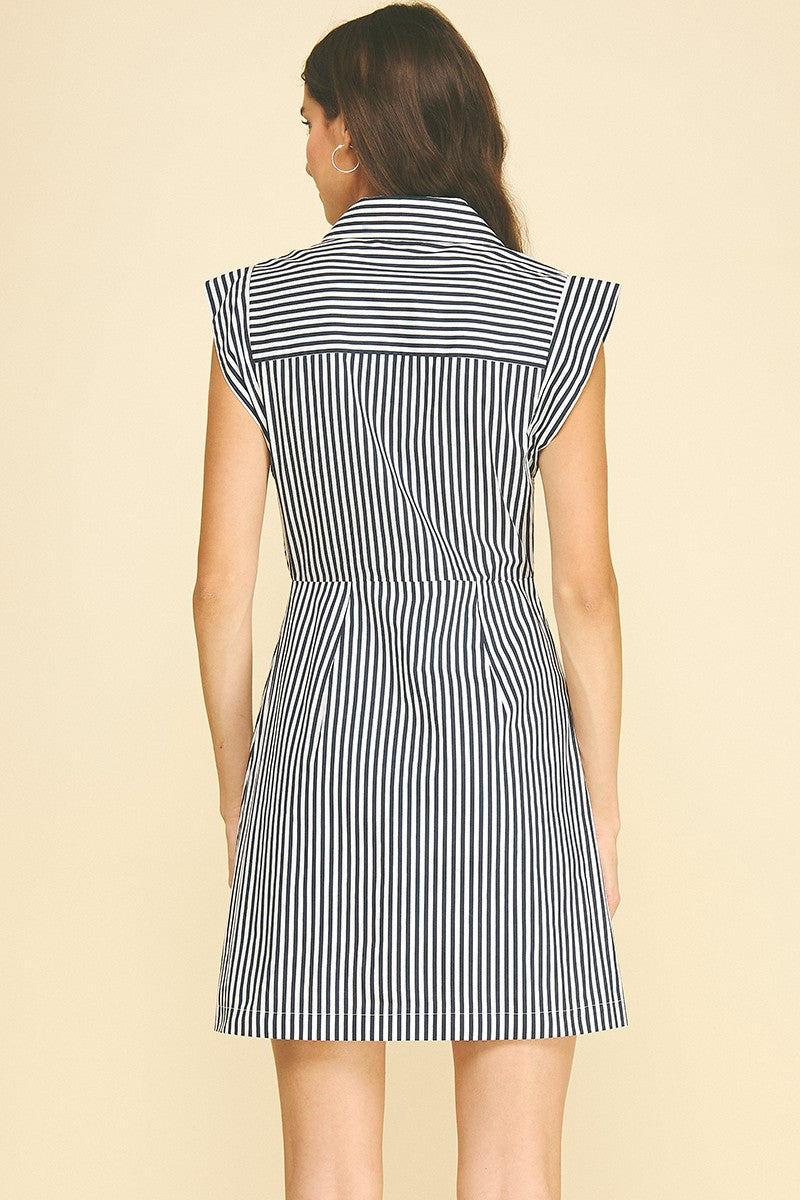 STRIPED CAP SLEEVE BUTTON DOWN DRESS--NAVY