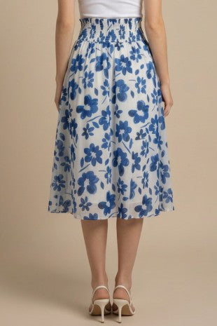 FLORAL SMOCKED WAIST MIDI SKIRT--BLUE/WHITE