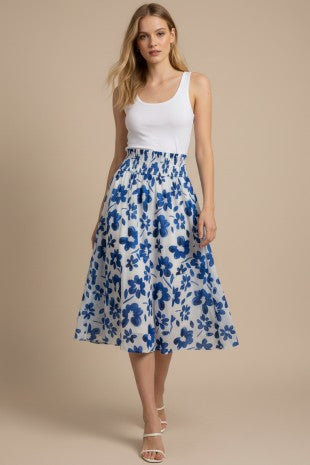 FLORAL SMOCKED WAIST MIDI SKIRT--BLUE/WHITE