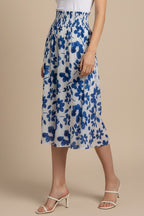FLORAL SMOCKED WAIST MIDI SKIRT--BLUE/WHITE