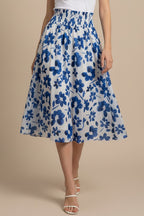 FLORAL SMOCKED WAIST MIDI SKIRT--BLUE/WHITE