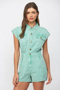 WASHED DENIM UTILITY ROMPER--SAGE