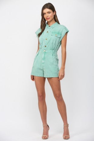 WASHED DENIM UTILITY ROMPER--SAGE