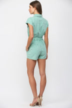 WASHED DENIM UTILITY ROMPER--SAGE