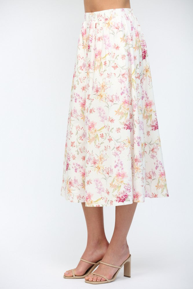 FLORAL BUTTON DOWN MIDI SKIRT--PINK MIX