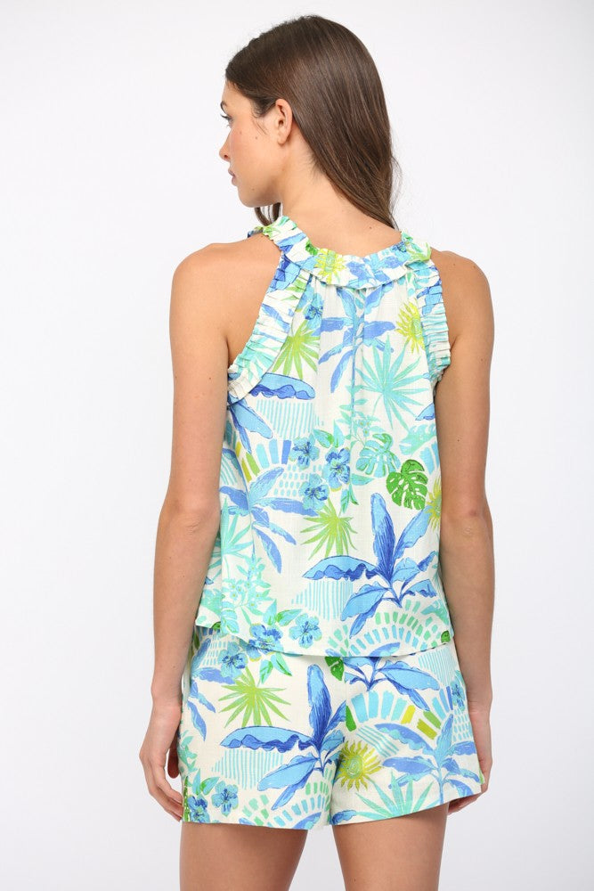 TROPICAL LINEN RUFFLE DETAIL SLEEVELESS TOP--BLUE/GREEN MIX