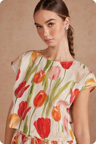 FLORAL TULIP LINEN MIX SLEEVELESS TOP
