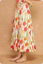 FLORAL TUPLIP LINEN MIX MIDI SKIRT