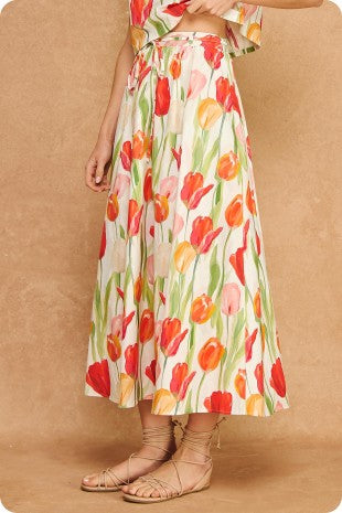 FLORAL TUPLIP LINEN MIX MIDI SKIRT