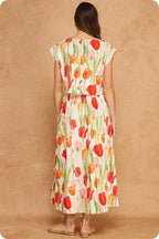 FLORAL TUPLIP LINEN MIX MIDI SKIRT