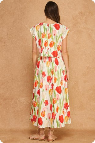 FLORAL TUPLIP LINEN MIX MIDI SKIRT