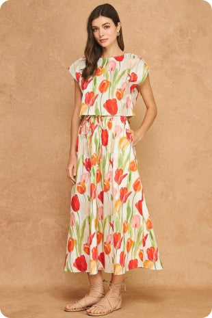 FLORAL TULIP LINEN MIX SLEEVELESS TOP