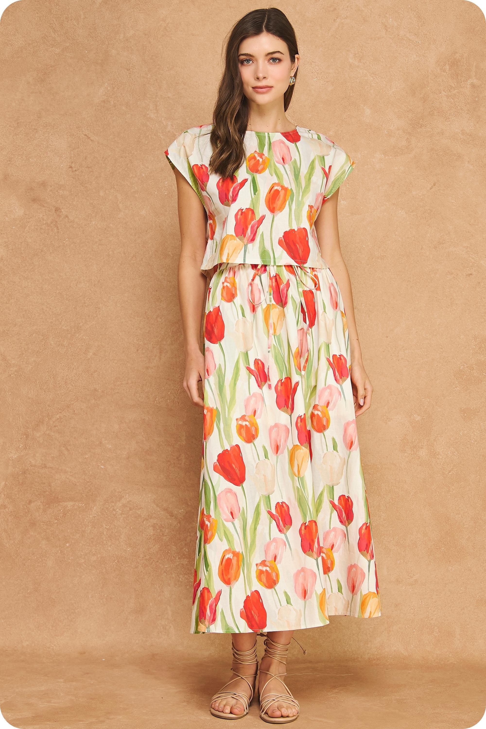 FLORAL TUPLIP LINEN MIX MIDI SKIRT