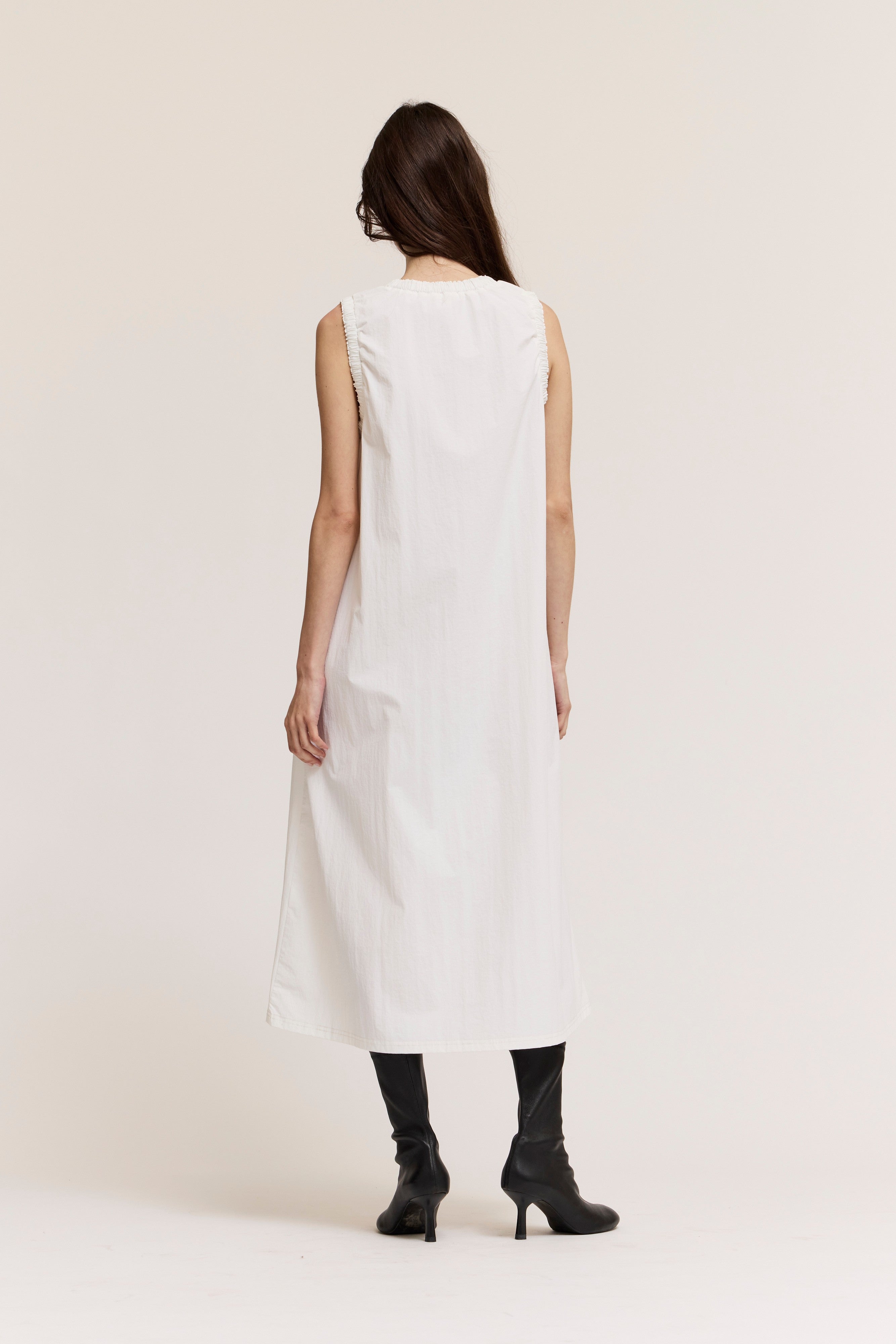 RUFFLE DETAIL A-LINE MAXI DRESS--WHITE